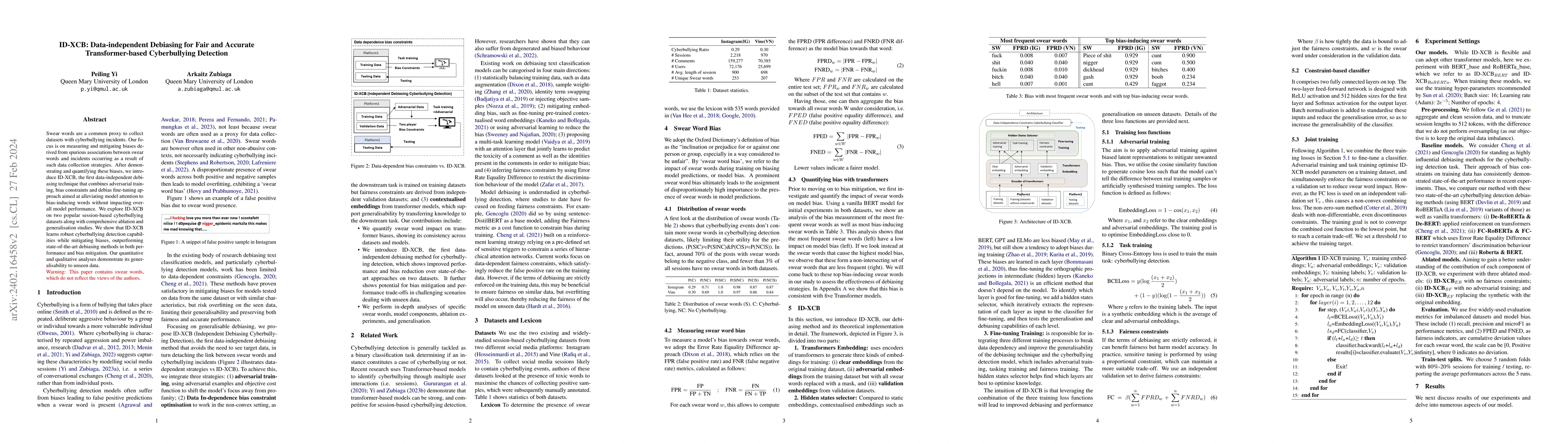 Thumbnail for ID-XCB: Data-independent Debiasing for Fair and Accurate
  Transformer-based Cyberbullying Detection