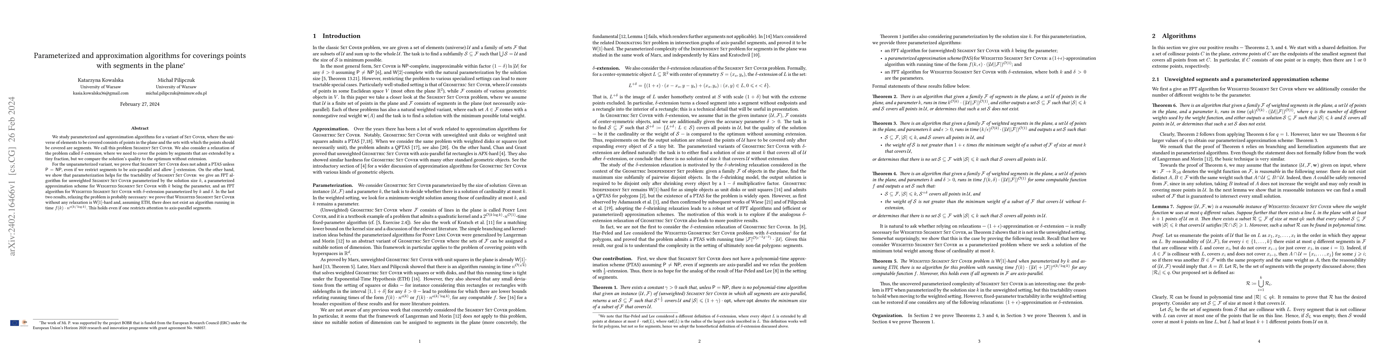 Thumbnail for Parameterized and approximation algorithms for coverings points with
  segments in the plane