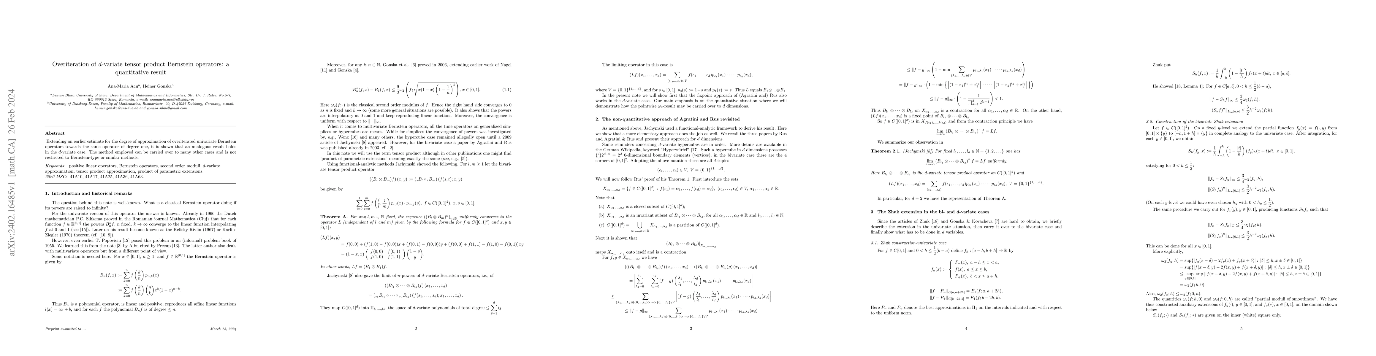 Thumbnail for Overiteration of $d$-variate tensor product Bernstein operators: a
  quantitative result