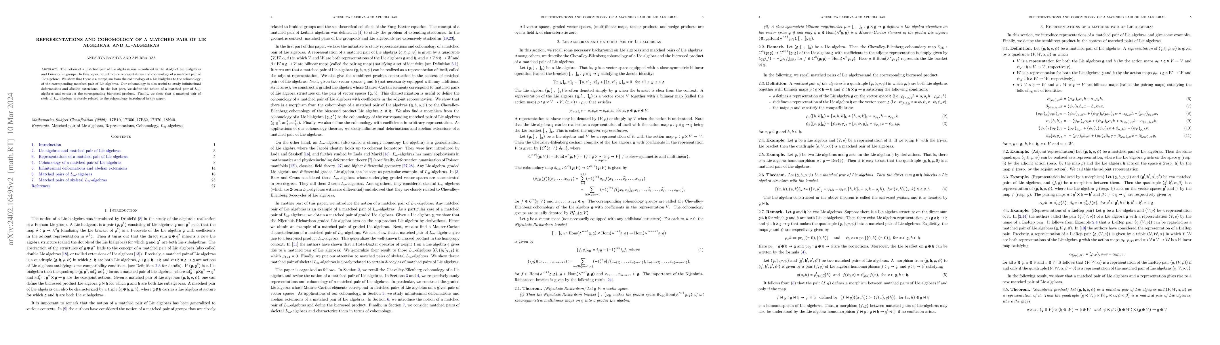 Thumbnail for Representations and cohomology of a matched pair of Lie algebras, and
  $L_\infty$-algebras