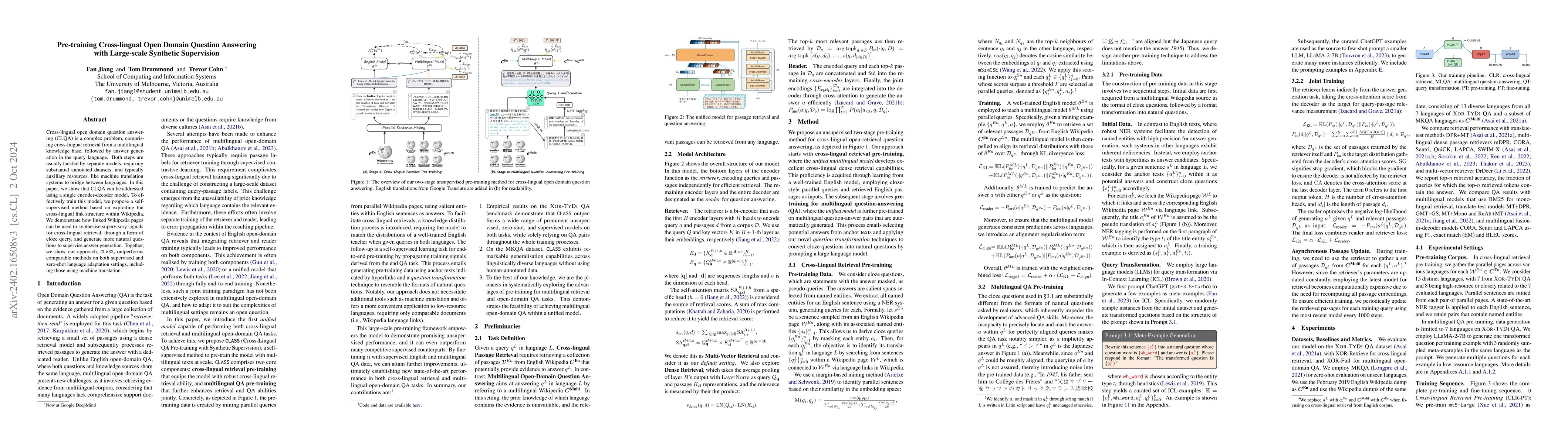 Thumbnail for Pre-training Cross-lingual Open Domain Question Answering with
  Large-scale Synthetic Supervision