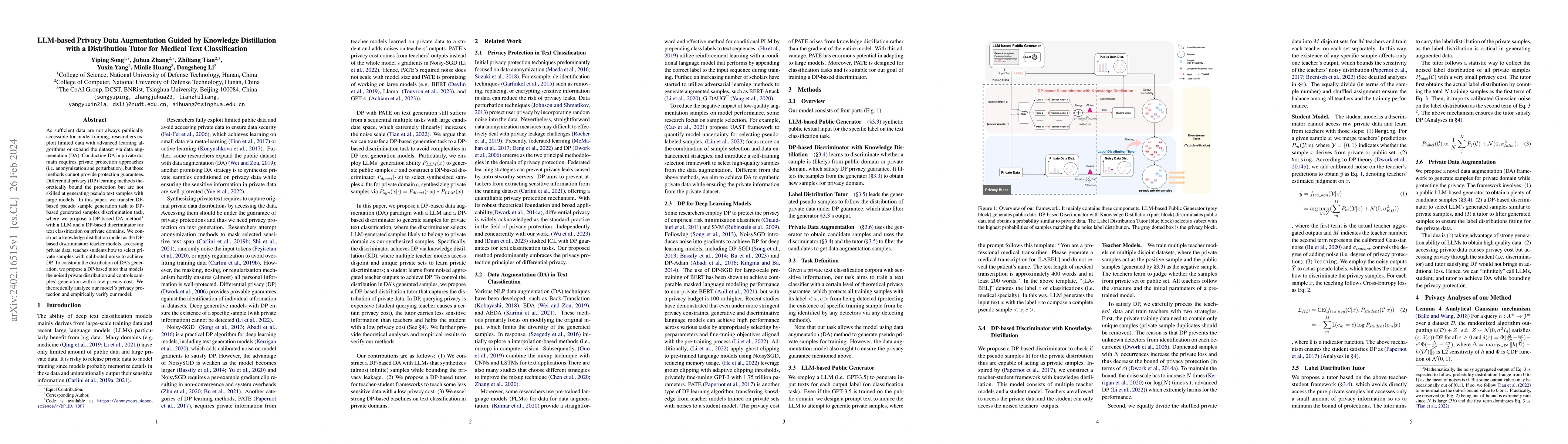 Thumbnail for LLM-based Privacy Data Augmentation Guided by Knowledge Distillation
  with a Distribution Tutor for Medical Text Classification