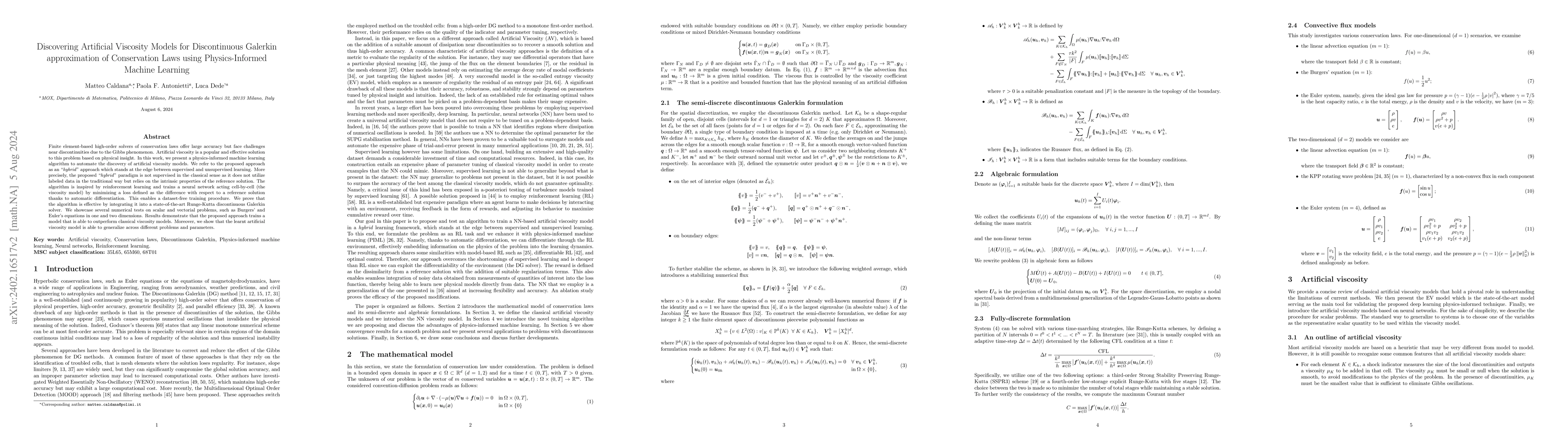 Thumbnail for Discovering Artificial Viscosity Models for Discontinuous Galerkin
  Approximation of Conservation Laws using Physics-Informed Machine Learning