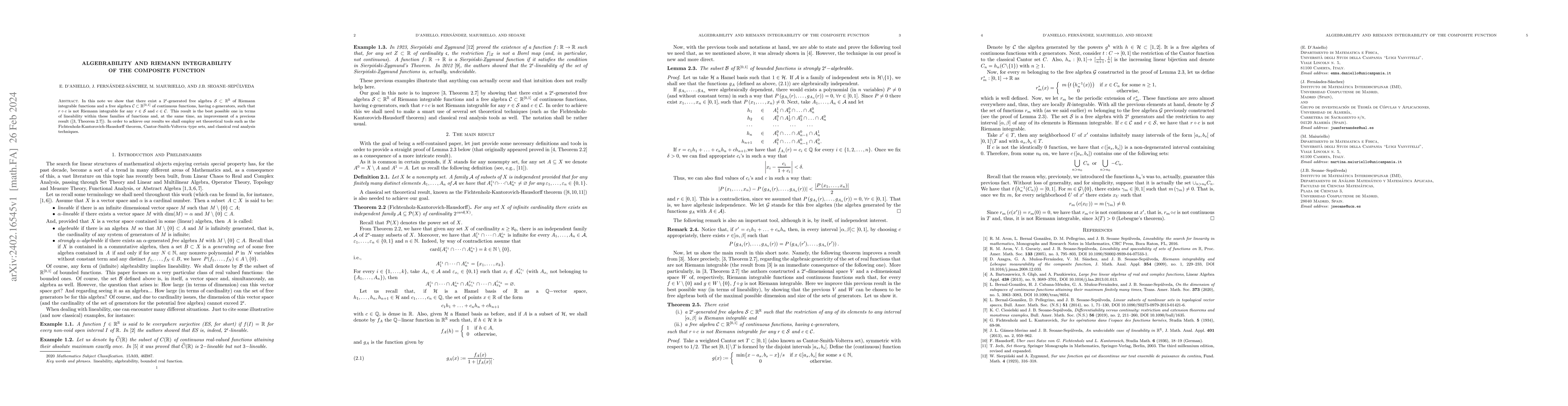 Thumbnail for Algebrability and Riemann integrability of the composite function