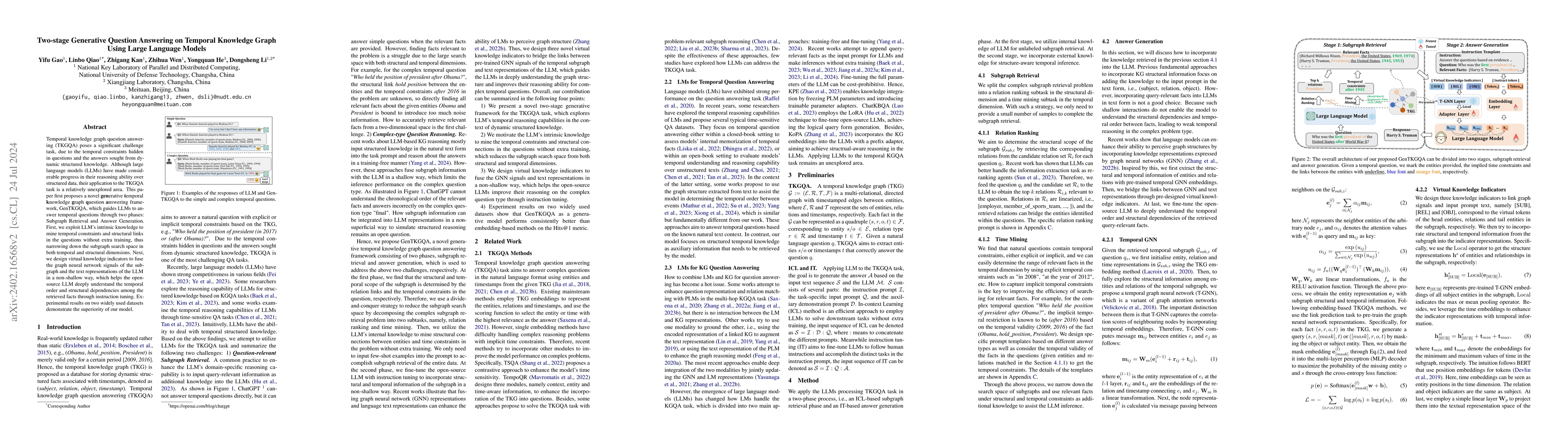 Thumbnail for Two-stage Generative Question Answering on Temporal Knowledge Graph
  Using Large Language Models