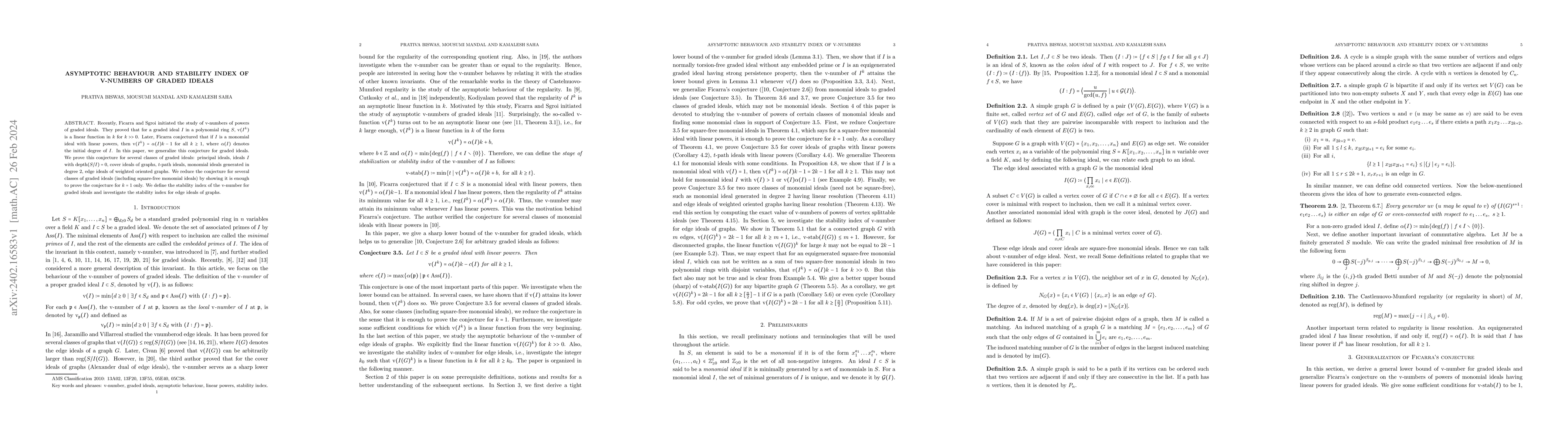 Thumbnail for Asymptotic behaviour and stability index of v-numbers of graded ideals