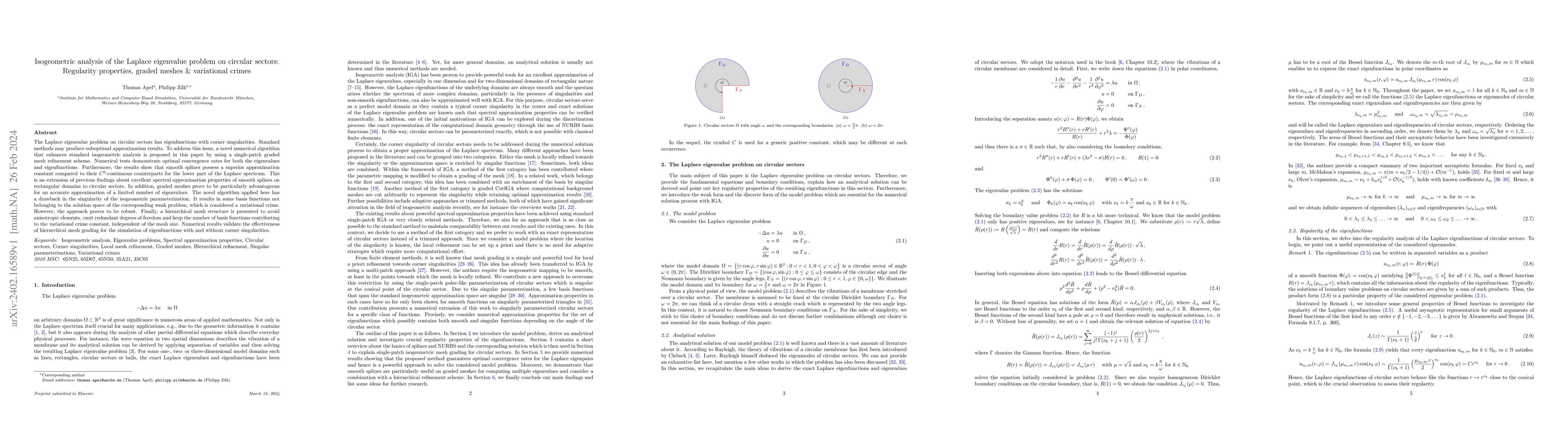 Thumbnail for Isogeometric analysis of the Laplace eigenvalue problem on circular
  sectors: Regularity properties, graded meshes & variational crimes