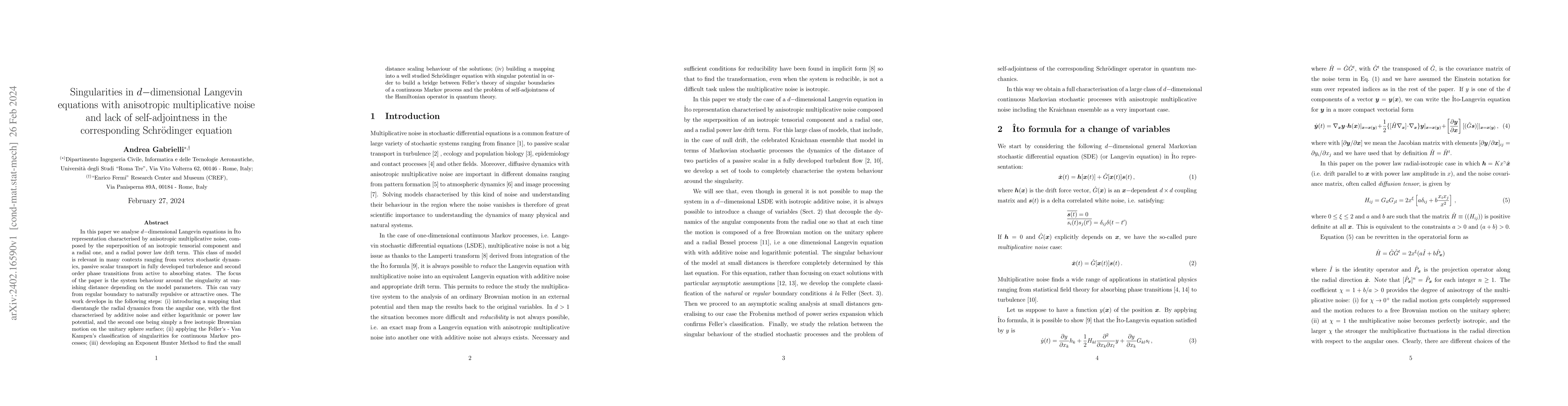 Thumbnail for Singularities in d-dimensional Langevin equations with anisotropic
  multiplicative noise and lack of self-adjointness in the corresponding
  Schrodinger equation