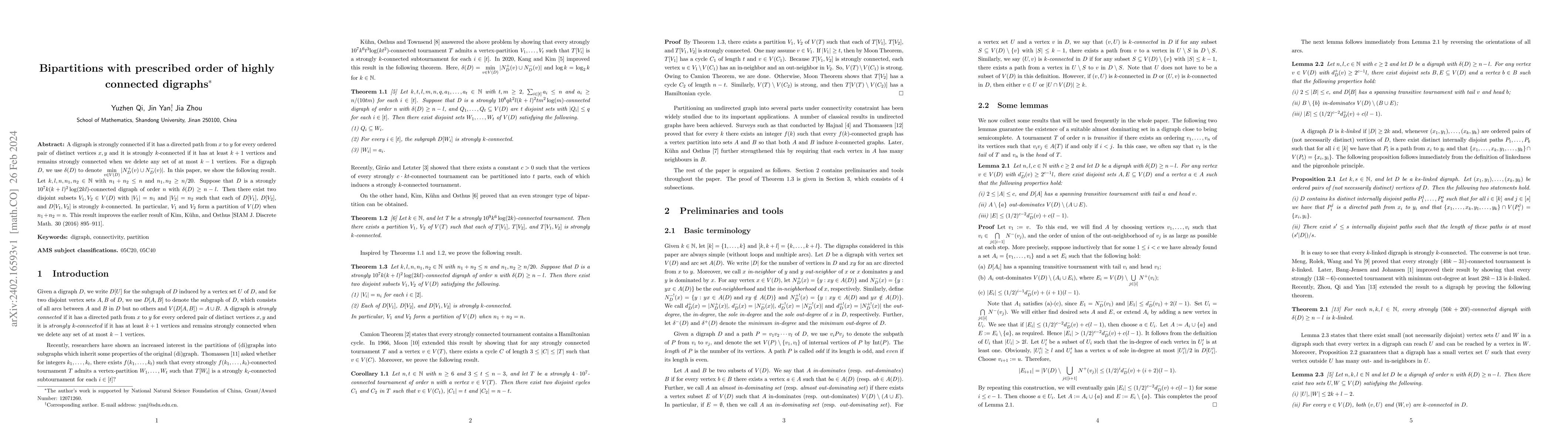 Thumbnail for Bipartitions with prescribed order of highly connected digraphs