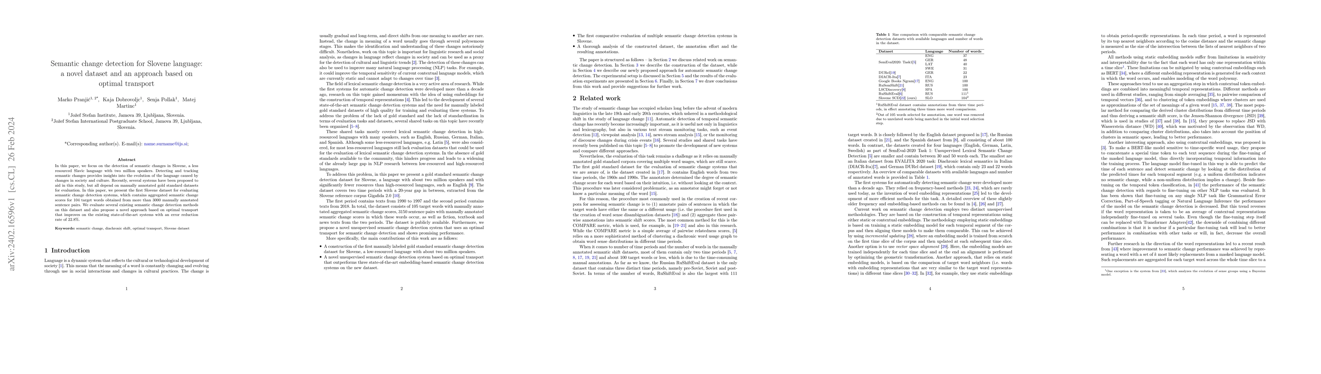 Thumbnail for Semantic change detection for Slovene language: a novel dataset and an
  approach based on optimal transport