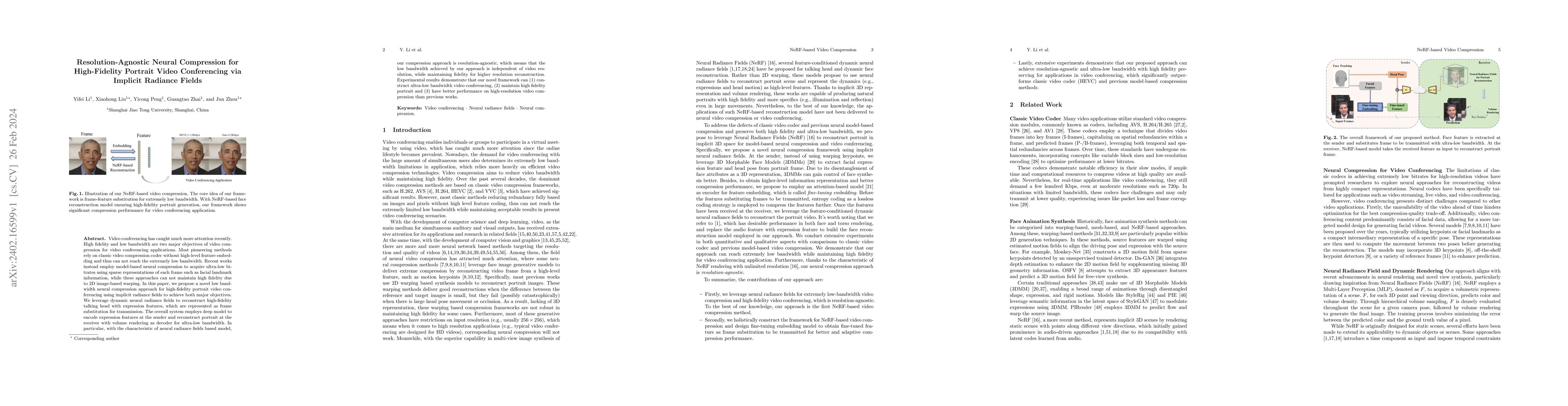 Thumbnail for Resolution-Agnostic Neural Compression for High-Fidelity Portrait Video
  Conferencing via Implicit Radiance Fields