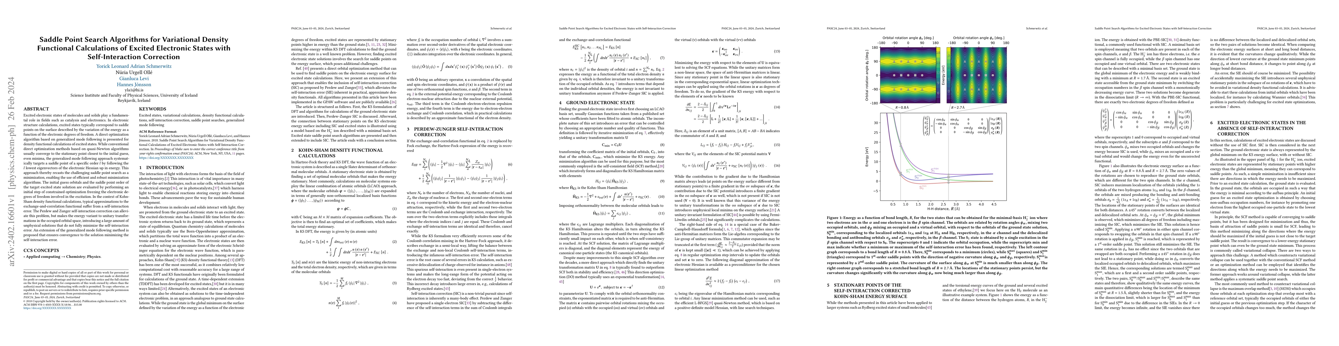 Thumbnail for Saddle Point Search Algorithms for Variational Density Functional
  Calculations of Excited Electronic States with Self-Interaction Correction