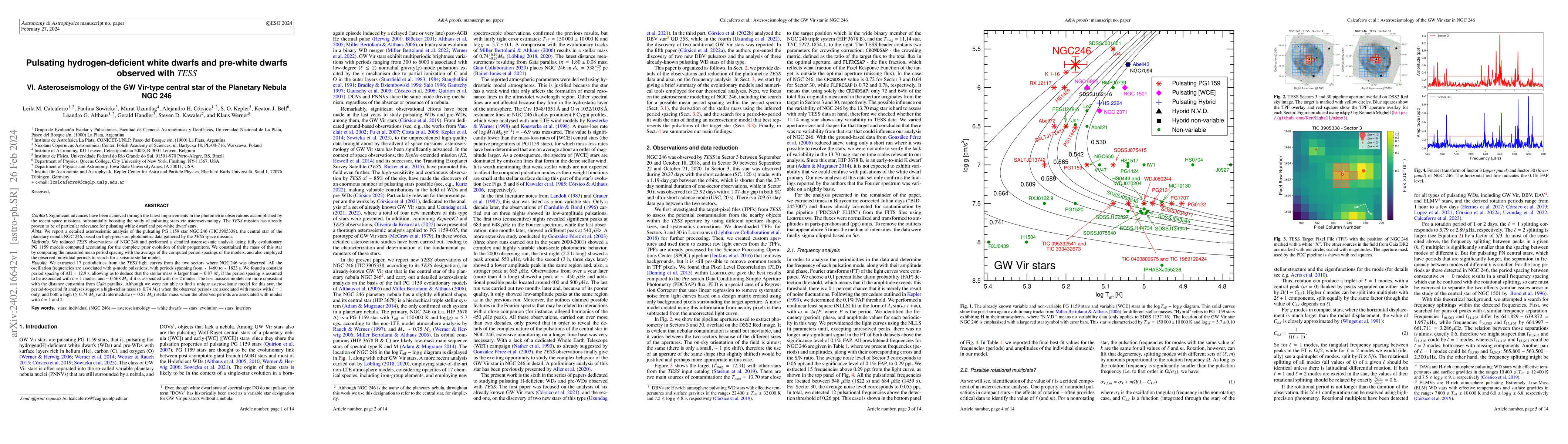 Thumbnail for Pulsating hydrogen-deficient white dwarfs and pre-white dwarfs observed
  with TESS VI. Asteroseismology of the GW Vir-type central star of the
  Planetary Nebula NGC 246