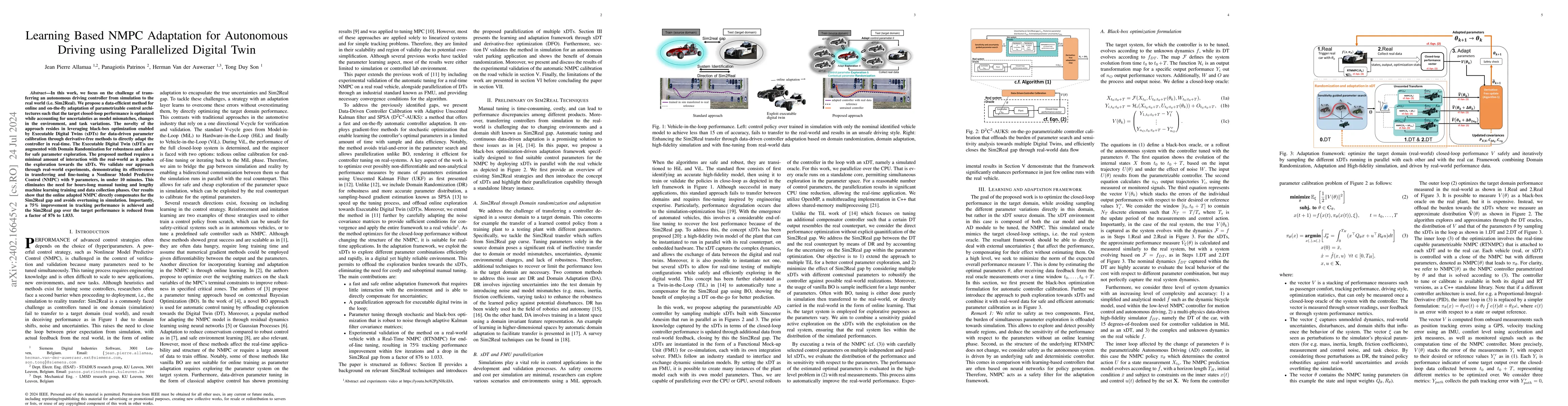 Thumbnail for Learning Based NMPC Adaptation for Autonomous Driving using Parallelized
  Digital Twin