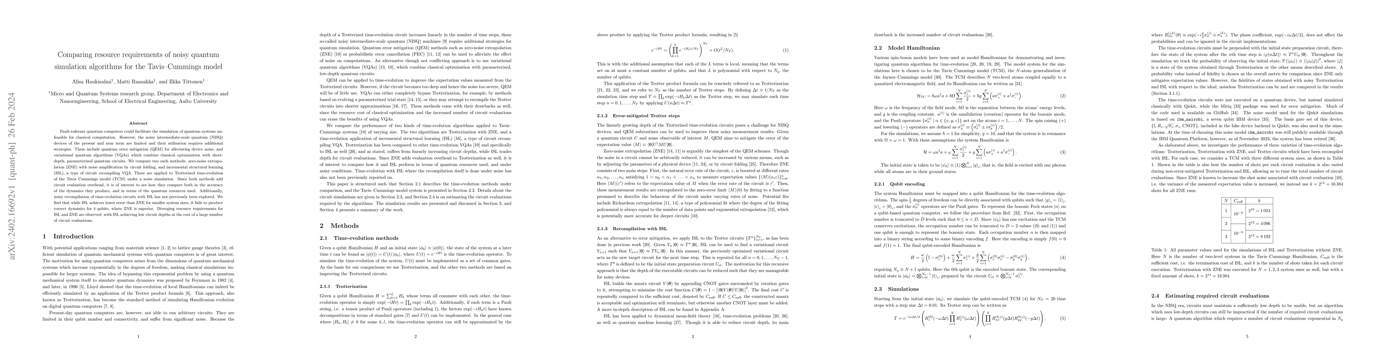 Thumbnail for Comparing resource requirements of noisy quantum simulation algorithms
  for the Tavis-Cummings model