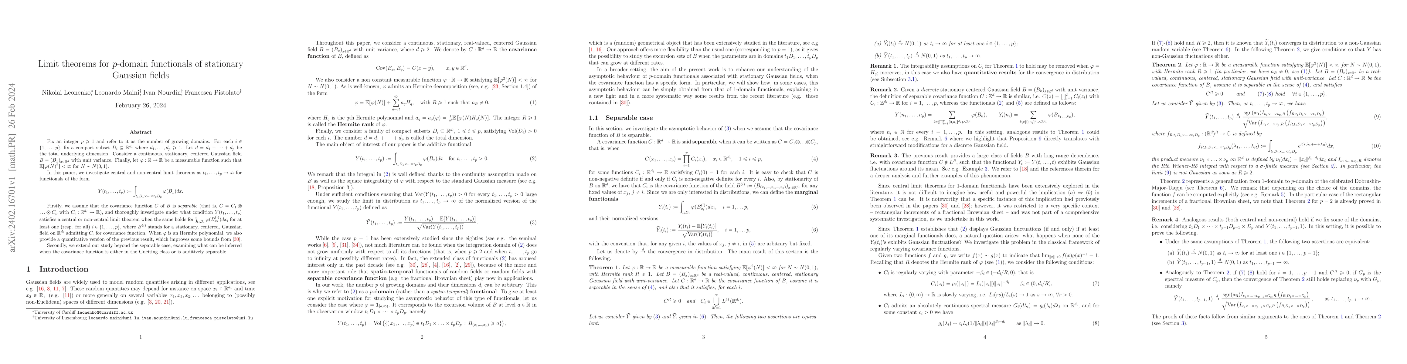 Thumbnail for Limit theorems for $p$-domain functionals of stationary Gaussian fields