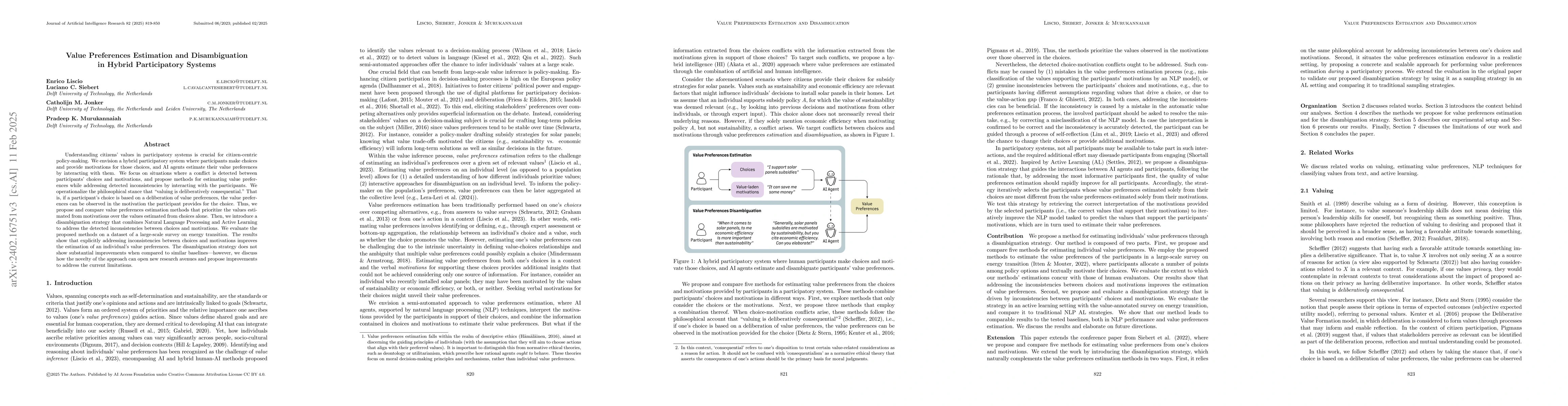 Thumbnail for Value Preferences Estimation and Disambiguation in Hybrid Participatory
  Systems