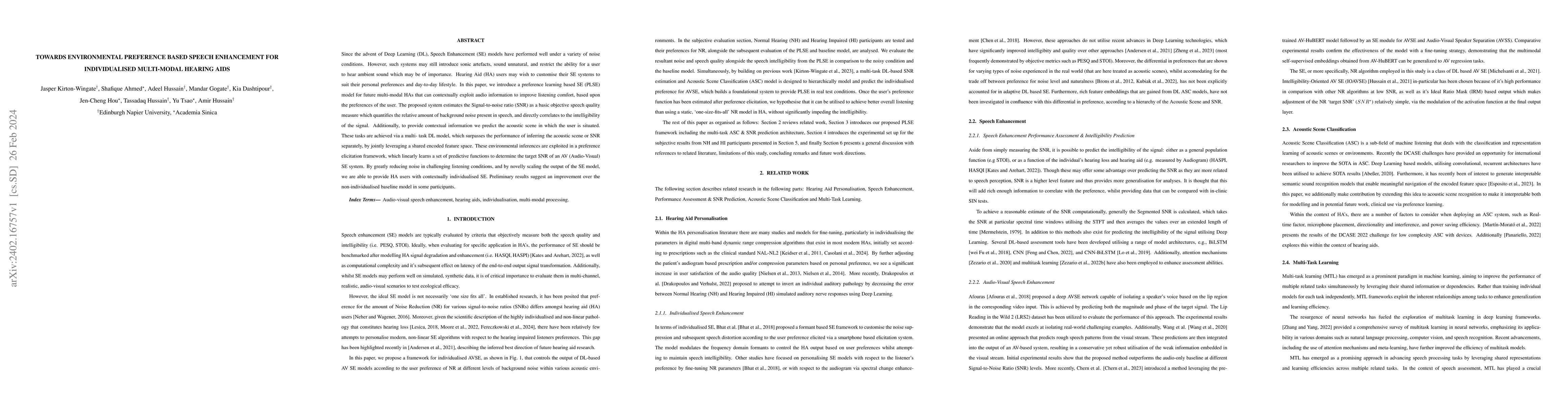Thumbnail for Towards Environmental Preference Based Speech Enhancement For
  Individualised Multi-Modal Hearing Aids