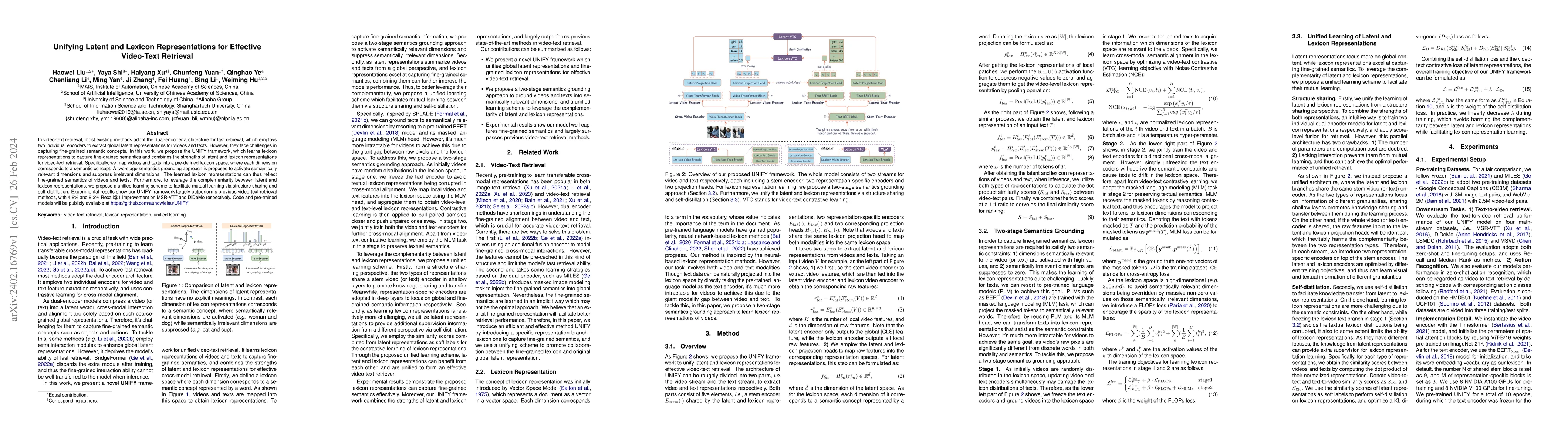 Thumbnail for Unifying Latent and Lexicon Representations for Effective Video-Text
  Retrieval