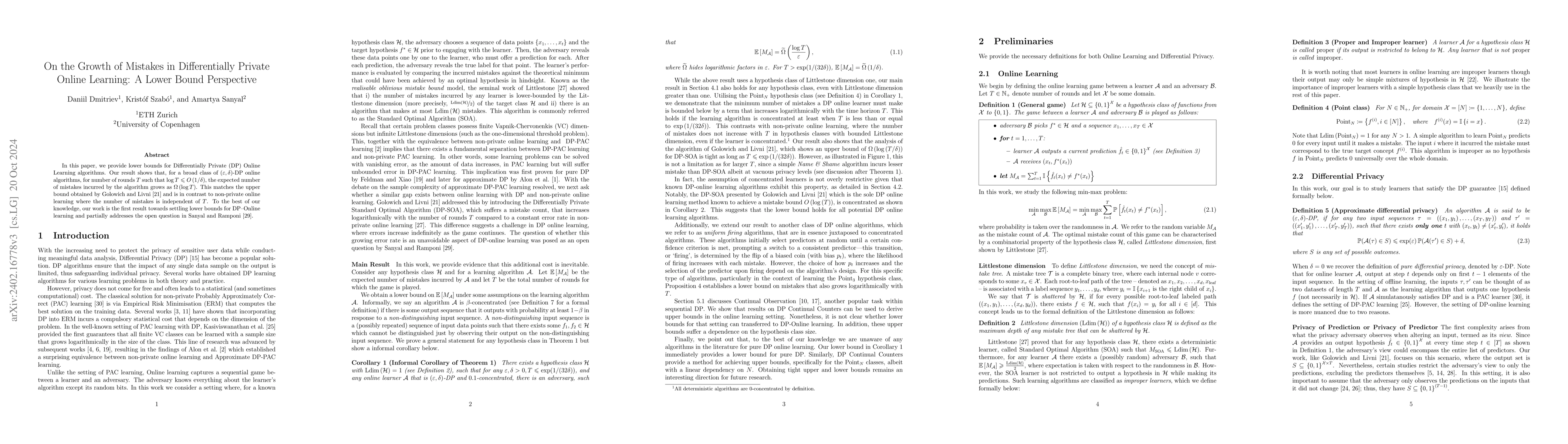 Thumbnail for On the Growth of Mistakes in Differentially Private Online Learning: A
  Lower Bound Perspective