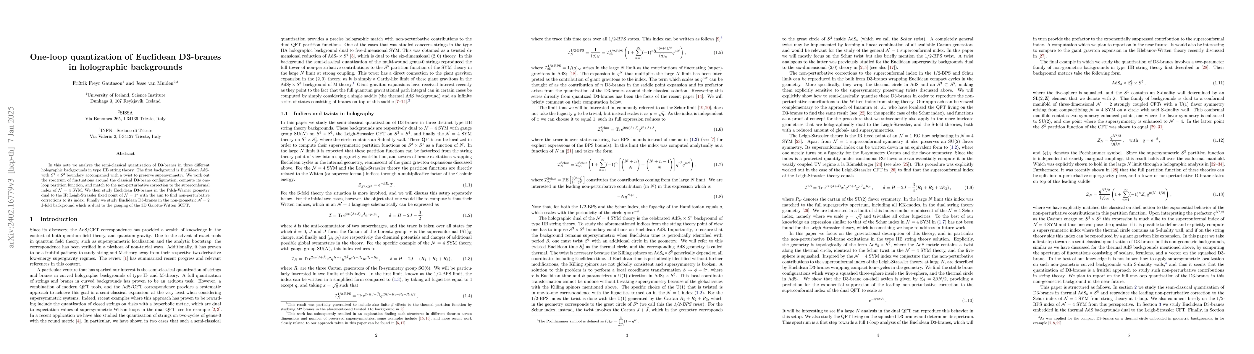 Thumbnail for One-loop quantization of Euclidean D3-branes in holographic backgrounds