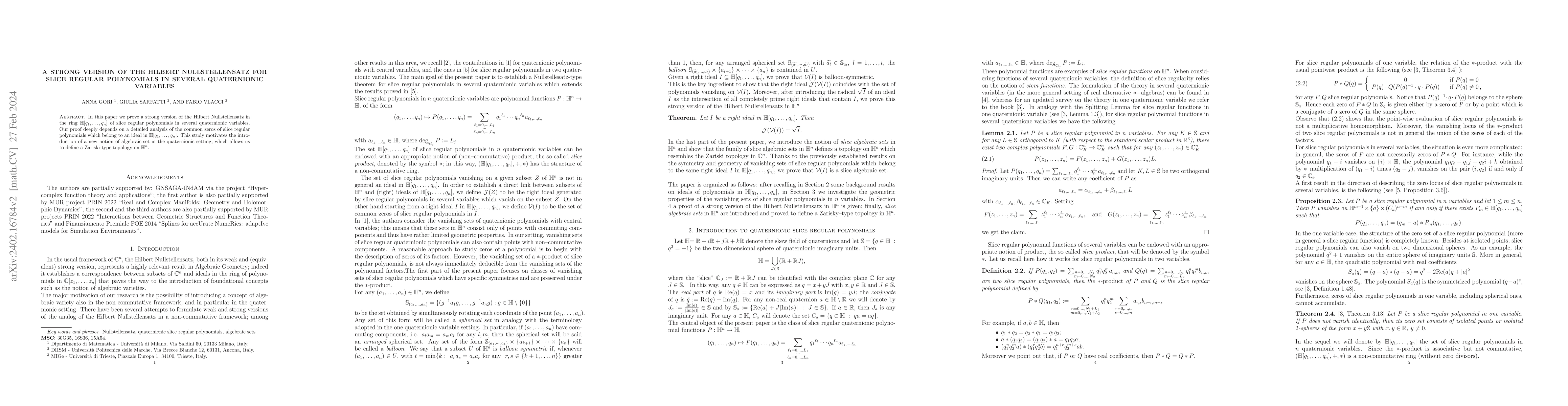 Thumbnail for A Strong Version of the Hilbert Nullstellensatz for slice regular
  polynomials in several quaternionic variables