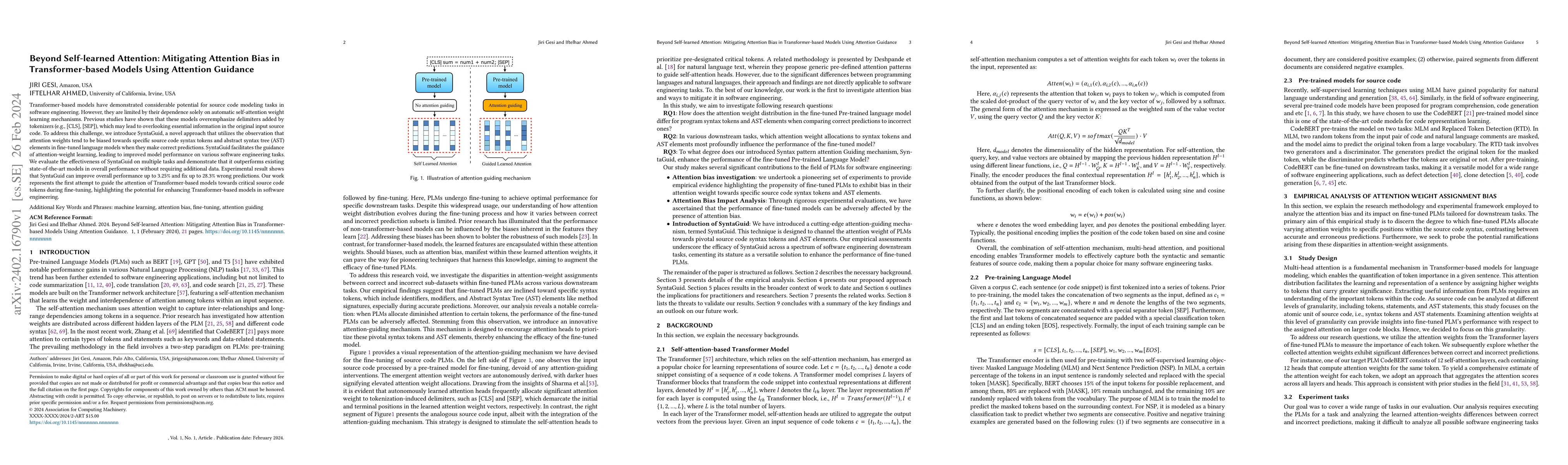 Thumbnail for Beyond Self-learned Attention: Mitigating Attention Bias in
  Transformer-based Models Using Attention Guidance