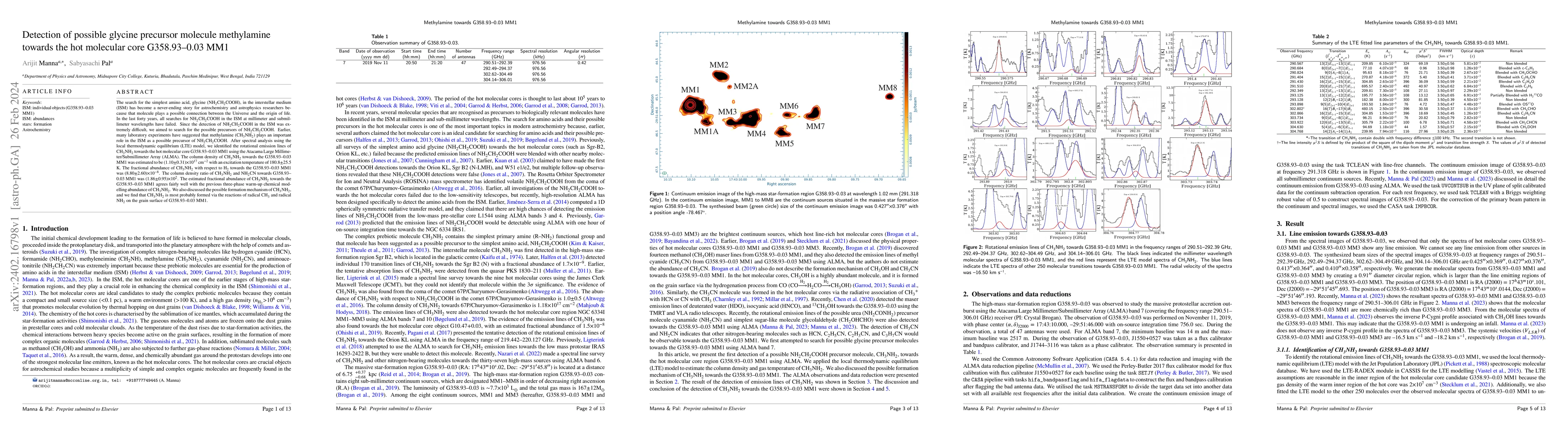 Thumbnail for Detection of possible glycine precursor molecule methylamine towards the
  hot molecular core G358.93$-$0.03 MM1
