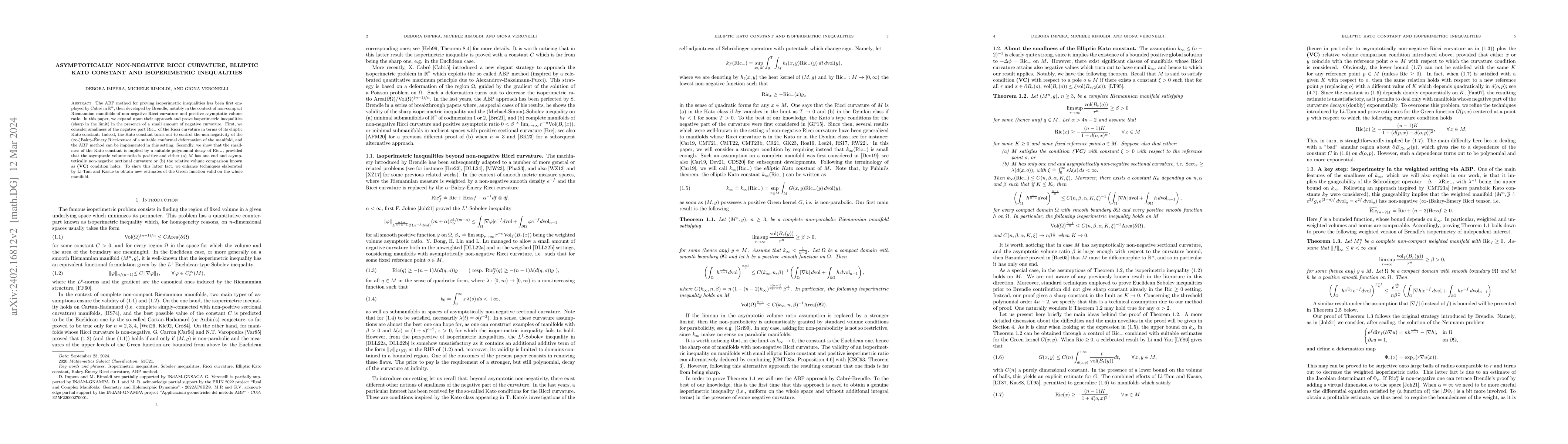 Thumbnail for Asymptotically non-negative Ricci curvature, elliptic Kato constant and
  isoperimetric inequalities