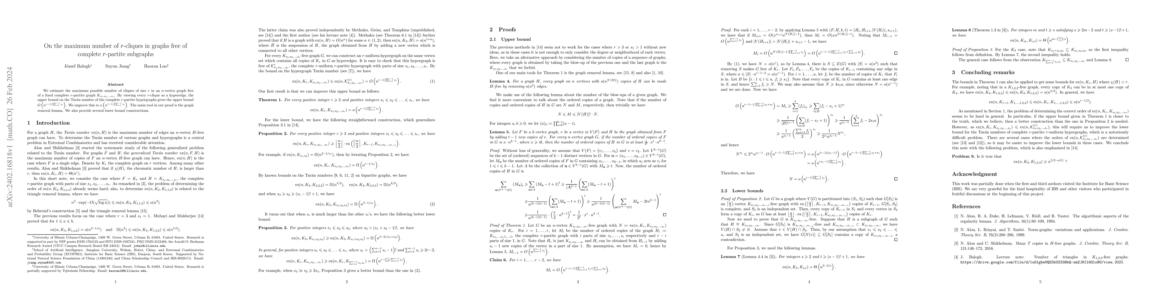Thumbnail for On the maximum number of $r$-cliques in graphs free of complete
  $r$-partite subgraphs