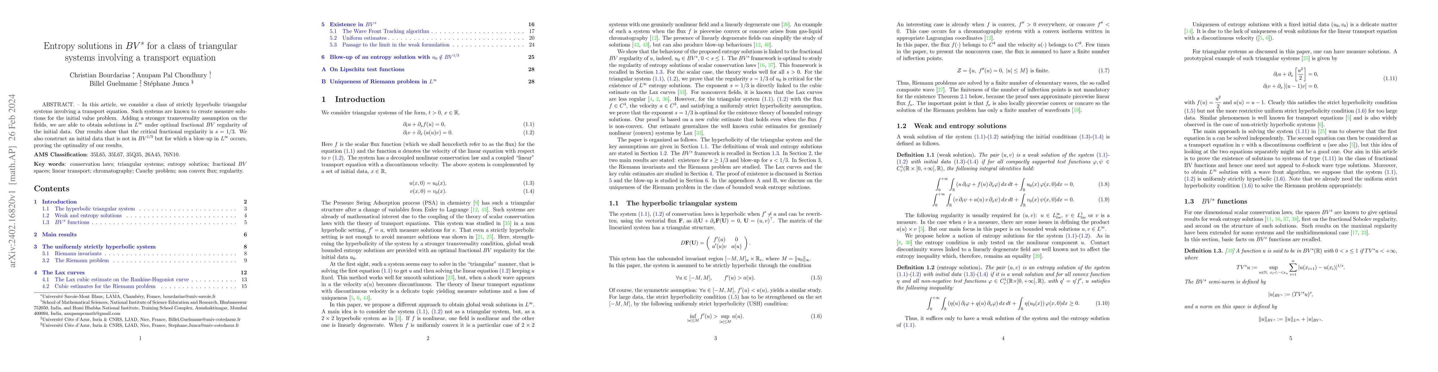 Thumbnail for Entropy solutions in $BV^s$ for a class of triangular systems involving
  a transport equation