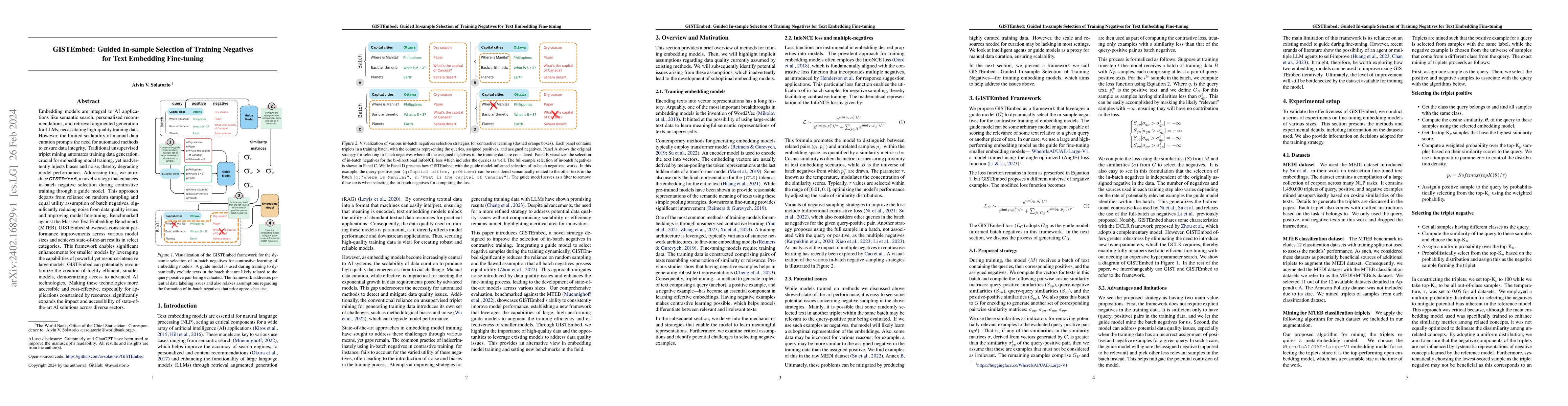Thumbnail for GISTEmbed: Guided In-sample Selection of Training Negatives for Text
  Embedding Fine-tuning