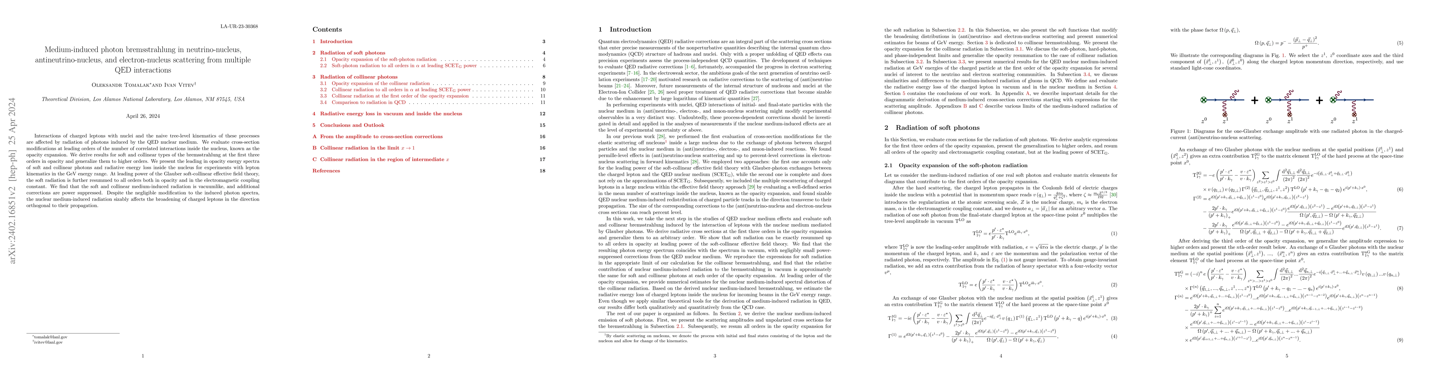 Thumbnail for Medium-induced photon bremsstrahlung in neutrino-nucleus,
  antineutrino-nucleus, and electron-nucleus scattering from multiple QED
  interactions