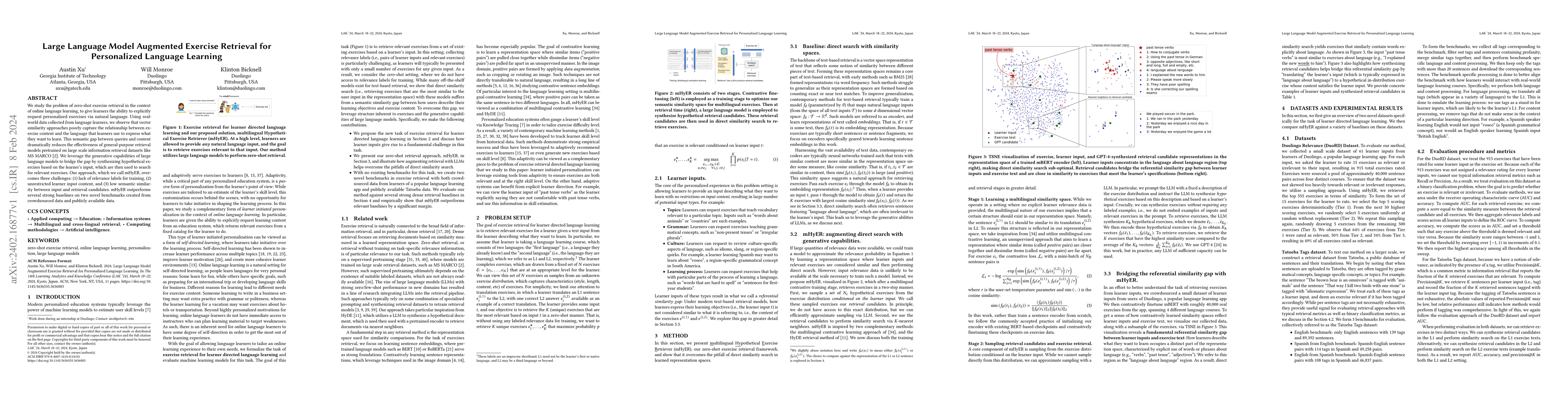 Thumbnail for Large Language Model Augmented Exercise Retrieval for Personalized
  Language Learning