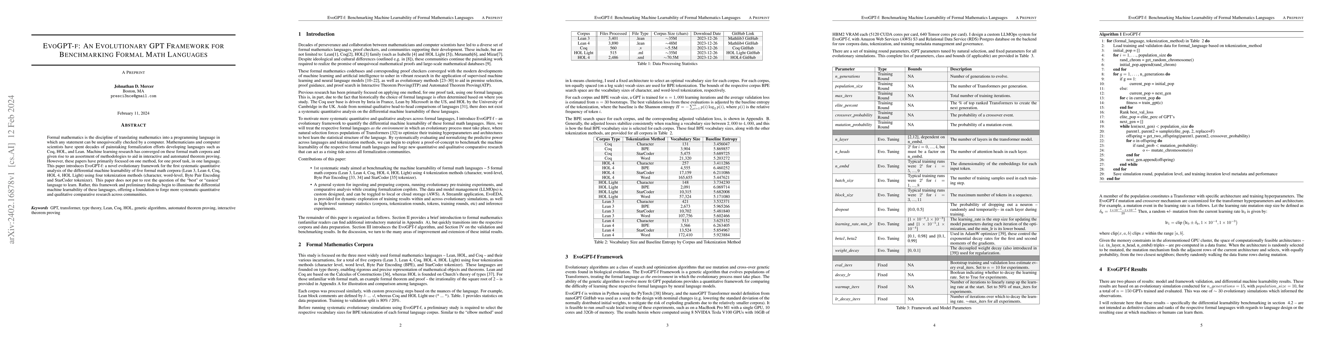 Thumbnail for EvoGPT-f: An Evolutionary GPT Framework for Benchmarking Formal Math
  Languages