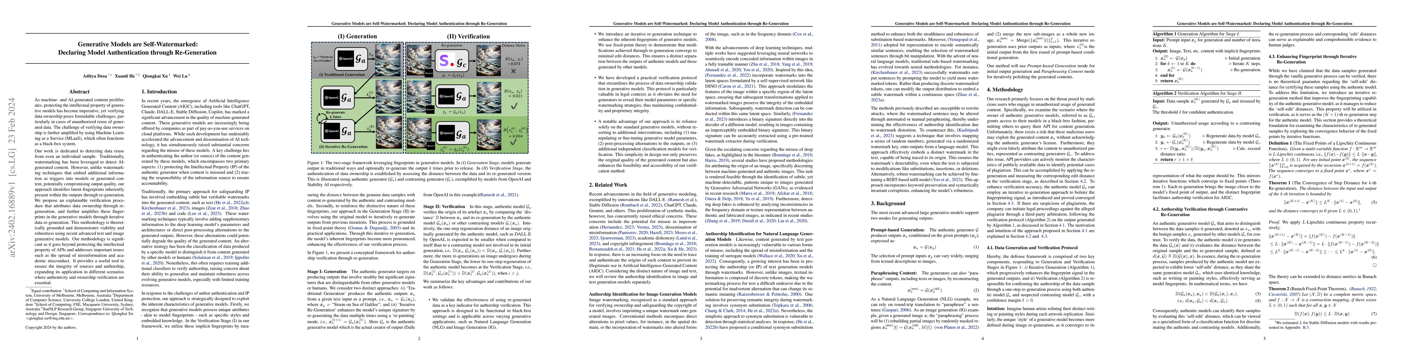 Thumbnail for Generative Models are Self-Watermarked: Declaring Model Authentication
  through Re-Generation