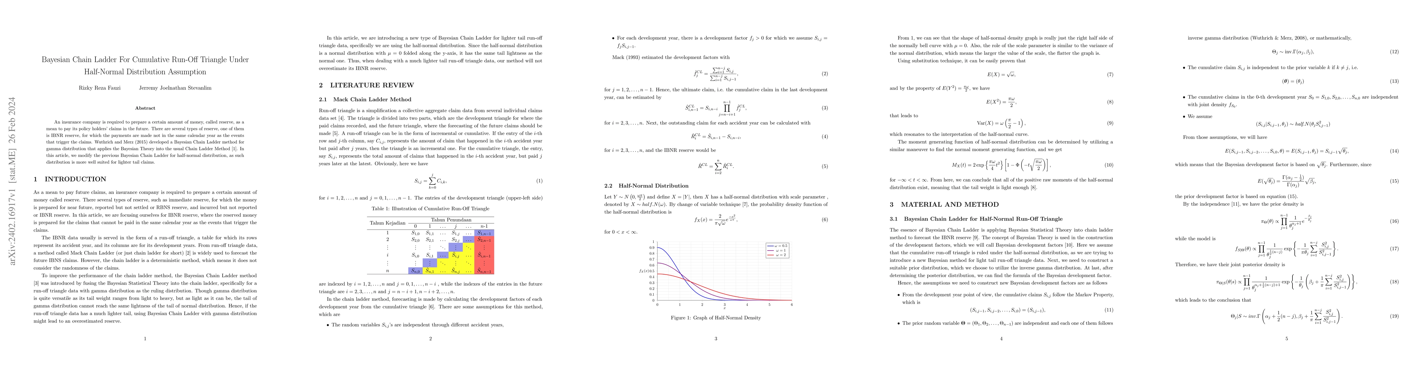Thumbnail for Bayesian Chain Ladder For Cumulative Run-Off Triangle Under Half-Normal
  Distribution Assumption
