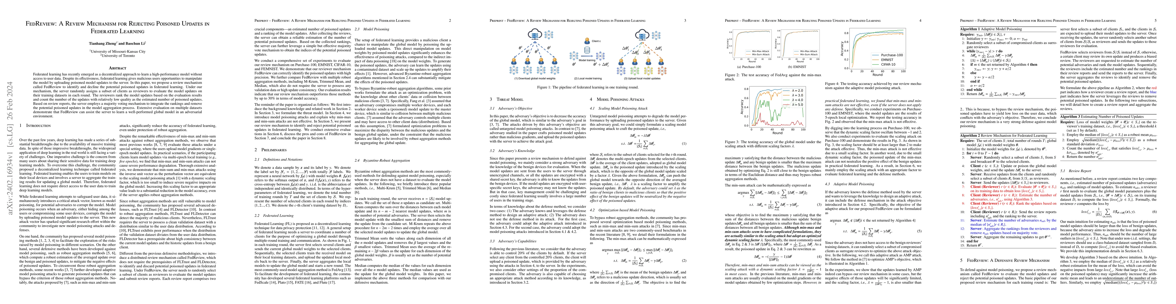 Thumbnail for FedReview: A Review Mechanism for Rejecting Poisoned Updates in
  Federated Learning