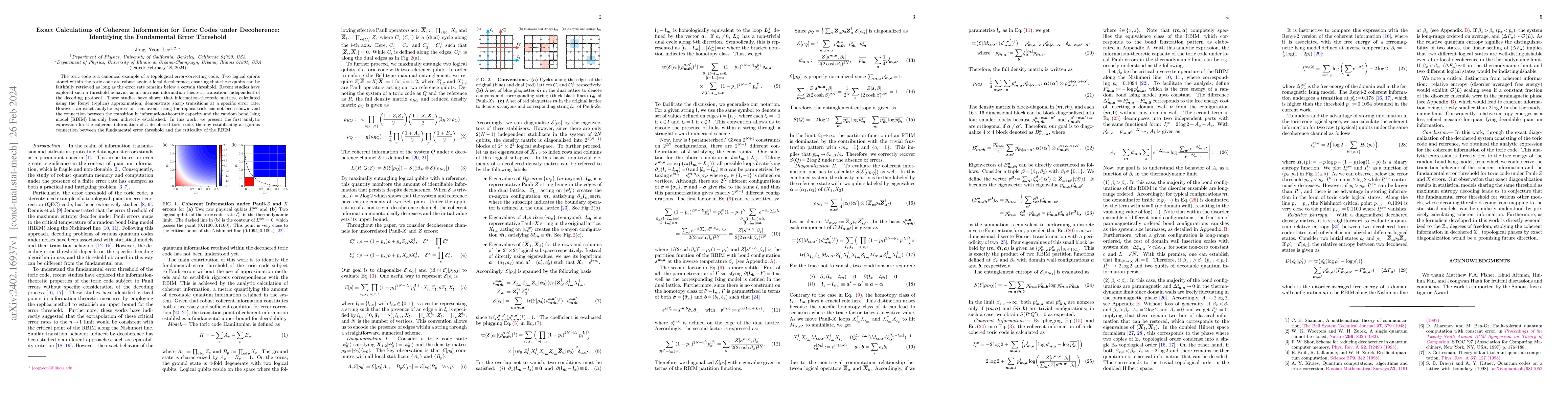 Thumbnail for Exact Calculations of Coherent Information for Toric Codes under
  Decoherence: Identifying the Fundamental Error Threshold