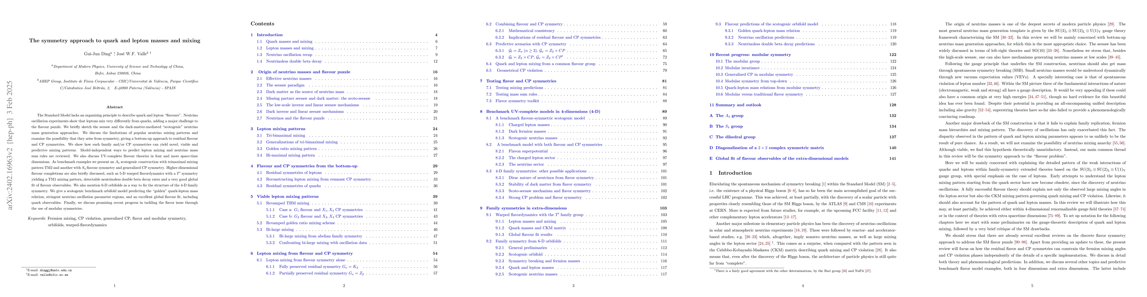 Thumbnail for The symmetry approach to quark and lepton masses and mixing