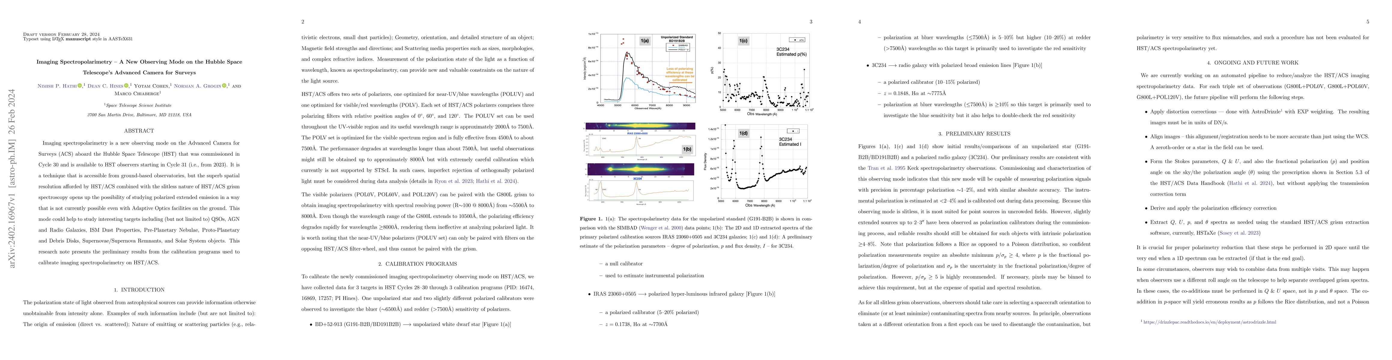 Thumbnail for Imaging Spectropolarimetry -- A New Observing Mode on the Hubble Space
  Telescope's Advanced Camera for Surveys