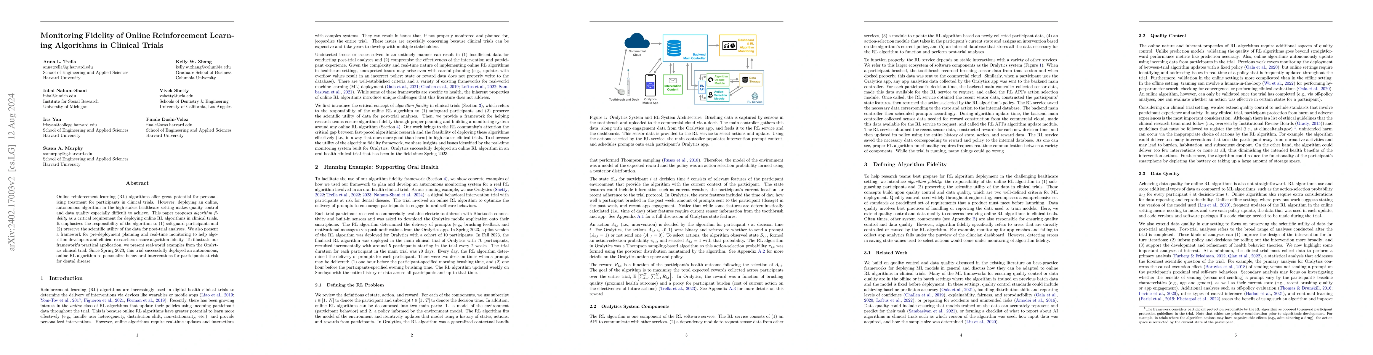 Thumbnail for Monitoring Fidelity of Online Reinforcement Learning Algorithms in
  Clinical Trials