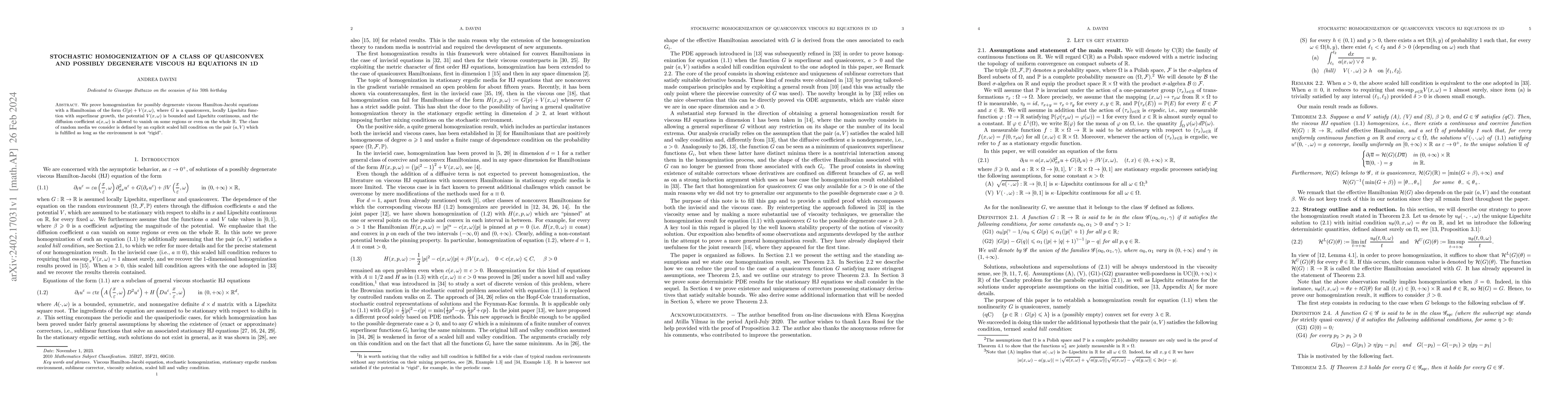 Thumbnail for Stochastic homogenization of a class of quasiconvex and possibly
  degenerate viscous HJ equations in 1d