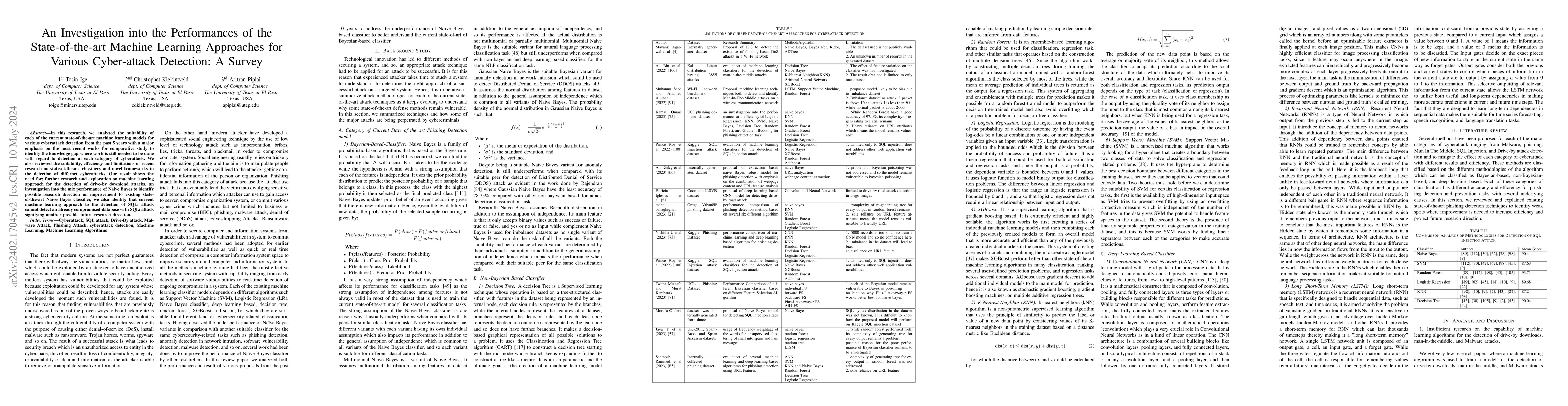 Thumbnail for An Investigation into the Performances of the State-of-the-art Machine
  Learning Approaches for Various Cyber-attack Detection: A Survey