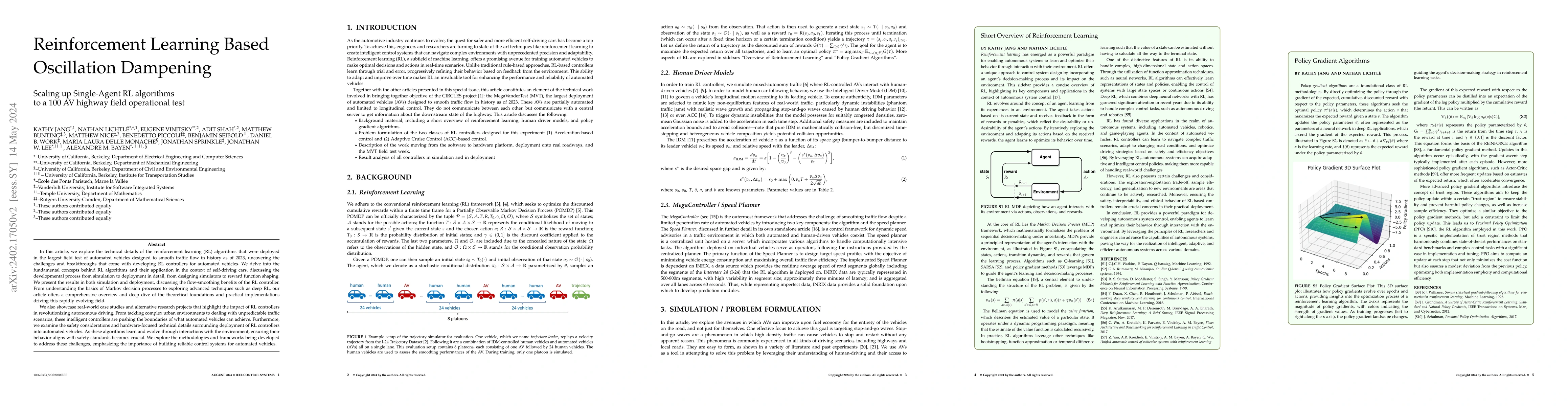Thumbnail for Reinforcement Learning Based Oscillation Dampening: Scaling up
  Single-Agent RL algorithms to a 100 AV highway field operational test