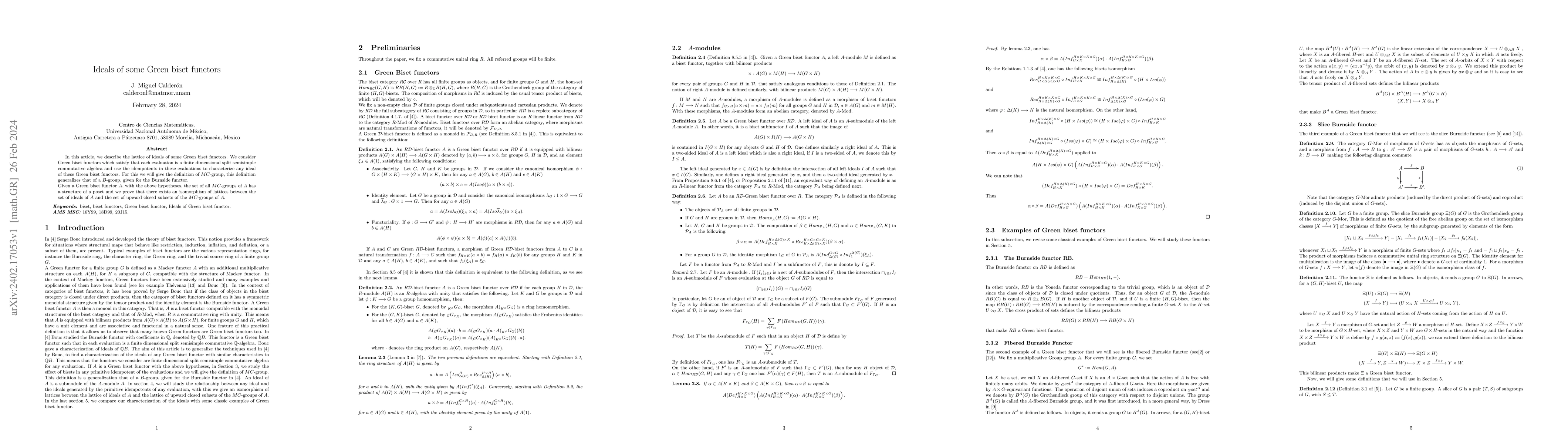 Thumbnail for Ideals of some Green biset functors