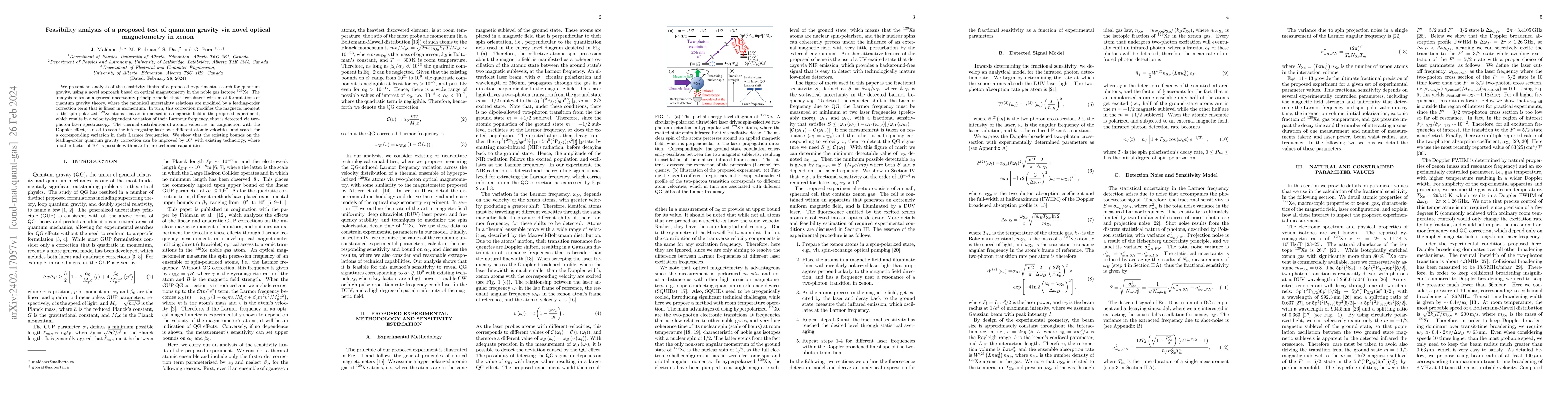 Thumbnail for Feasibility analysis of a proposed test of quantum gravity via novel
  optical magnetometry in xenon