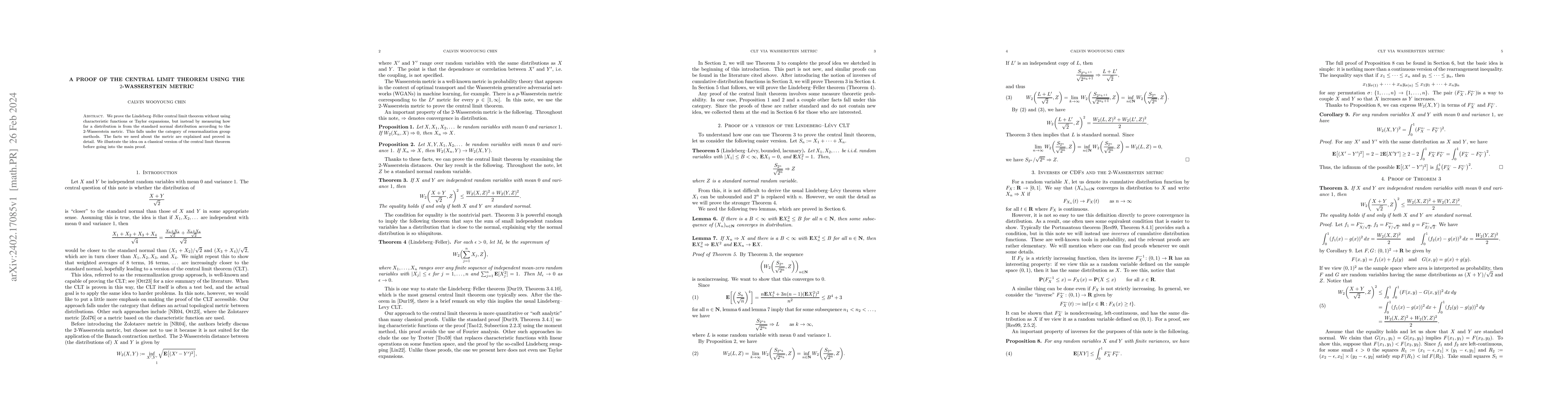 Thumbnail for A Proof of the Central Limit Theorem Using the $2$-Wasserstein Metric