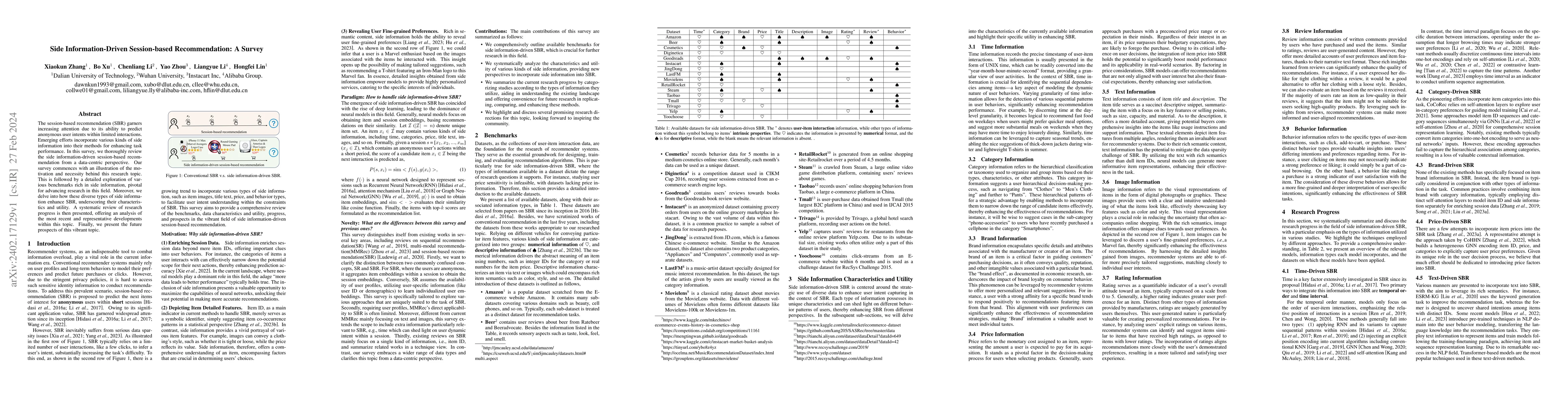 Thumbnail for Side Information-Driven Session-based Recommendation: A Survey