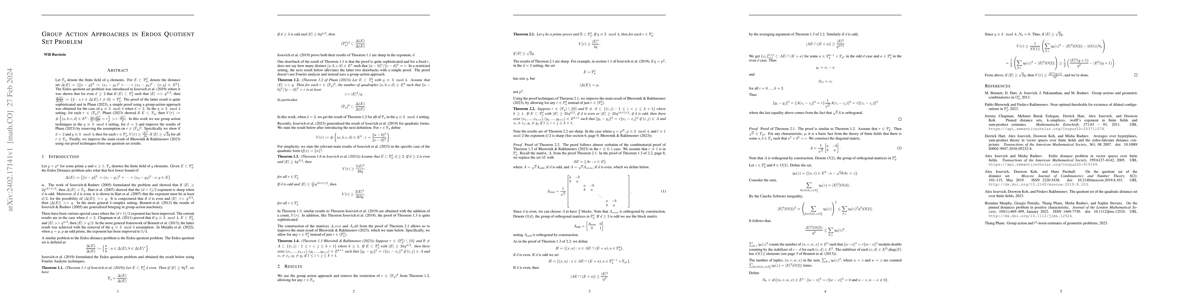Thumbnail for Group Action Approaches in Erdos Quotient Set Problem